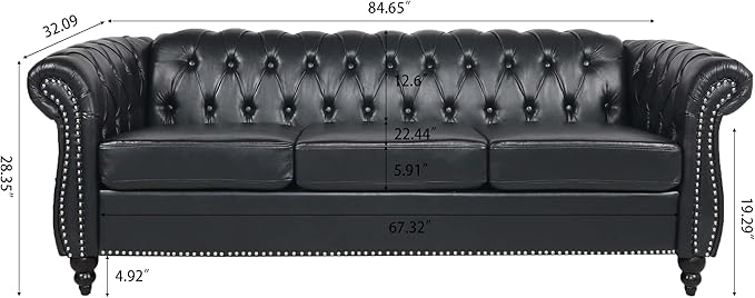 Ball &amp Cast 84 Chesterfield Leather Sofa with Channel Tufted Seat BackClassic 3 Seater Couch w/Roll Arm Nailhead Trim and UpholsteredMid Century Furniture for Living RoomBedroomOfficeBlack P
