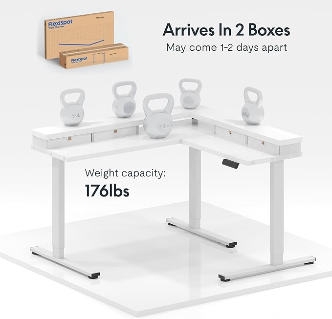 FLEXISPOT 71 Large L Shaped Standing Desk Electric Corner Table with Shelf 4 Storage Drawers Adjustable Computer Workstation for Home Office Game Studio White Top + White Frame