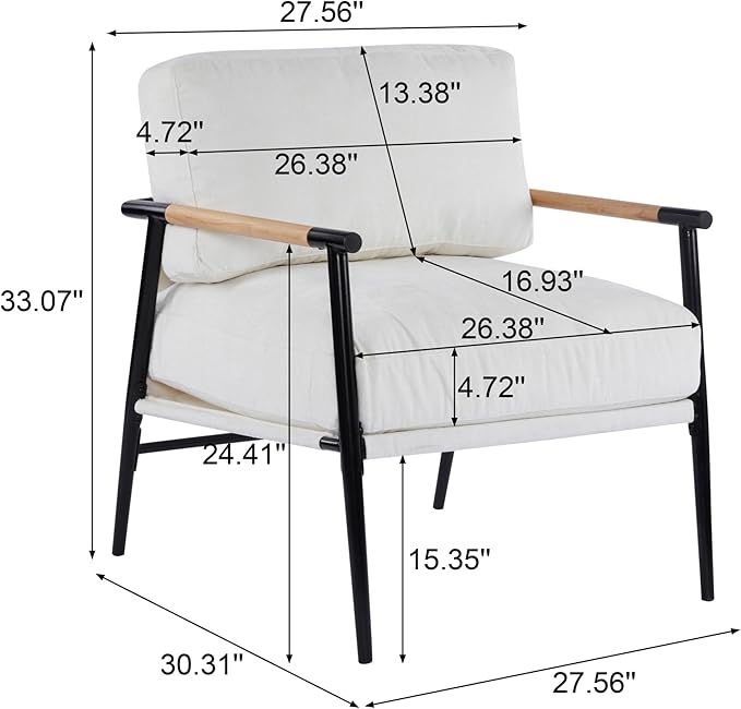 Modern Accent Chair Lounge Arm Chair Upholstered Armchair with Plush Cushions Single Chairs with Metal FrameWooden Armrest - Perfect for OfficeLiving RoomBedroomWhite