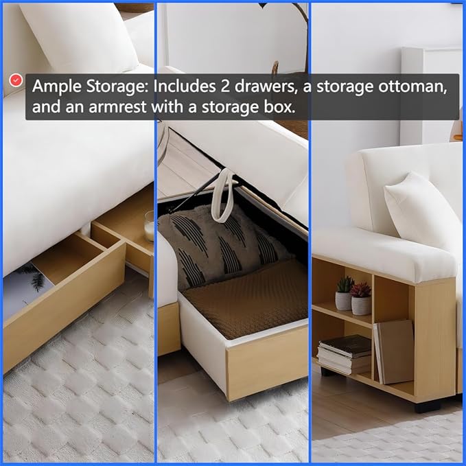 Sofa 84.65 Convertible Sofa Bed with Storage Ottoman Adjustable Armrest &amp Coffee Table - Perfect for Small Apartments 2 Drawers Soft Cotton Linen Fabric Solid Wood FrameBeige