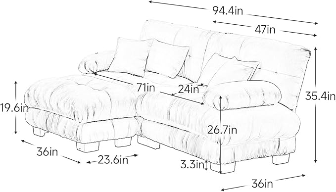 94.4 Loveseat Sofa 2 Seater Modular Sectional Sofa Grey Large L Shaped Sectional Fluffy Couch Chenille Cloud Couch with Ottoman Deep Seat Sofas for Living Room