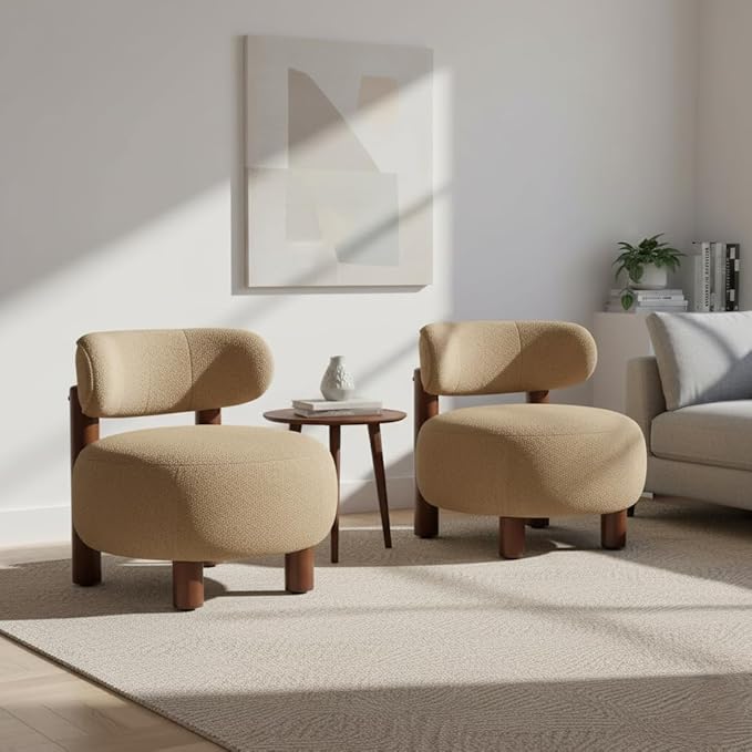 Modern Boucle Accent Chair Set of 2 with Plush Faux Sherpa Upholstery Curved Backrest Solid Wood Legs for Living Room Bedroom Reading Nook 27.5 Camel