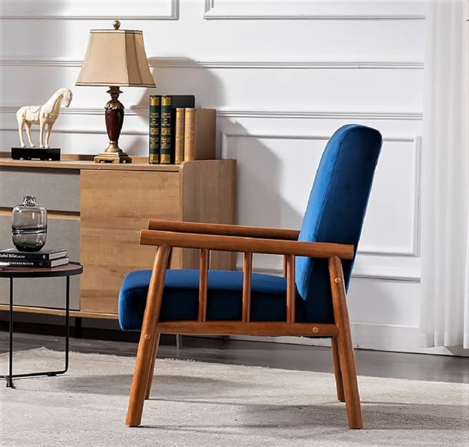 Container Furniture Classic Living Room Mid Century Modern Accent Chair with Unique Open-Framed Arm Design and Solid Wood Frame Velvet Armchair Dark Blue