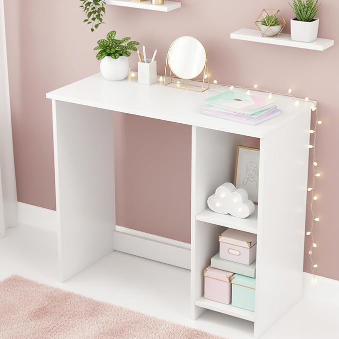 Tangkula Small White Desk with Shelves Compact Desk for Small Space Study Writing Table with 2 Tier Shelves Modern Simple Style Laptop PC Table White