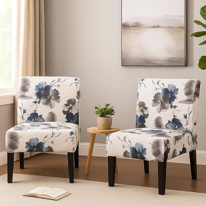 Christopher Knight Home Kendal Set of 2 Fabric Upholstered Club Chair Floral Print Modern Armless Accent Chair for Living Room Comfy Slipper Chair for Bedroom Home Office Blue+White