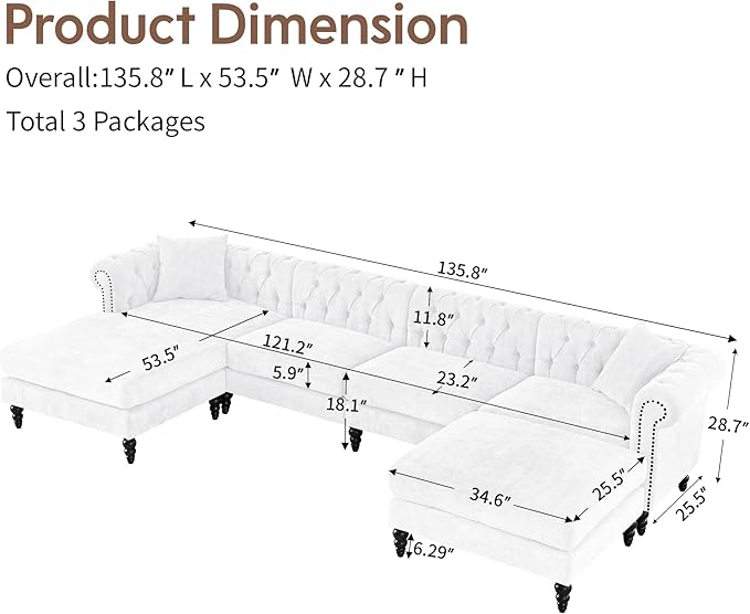 ORRD U Shaped Chesterfield Sofa Oversized Sectional Linen Couch Chaise Ottoman Sofa Upholstered Accent Tufted Couch with Rolled Armrest and Nailhead Design for Living Room Office - White