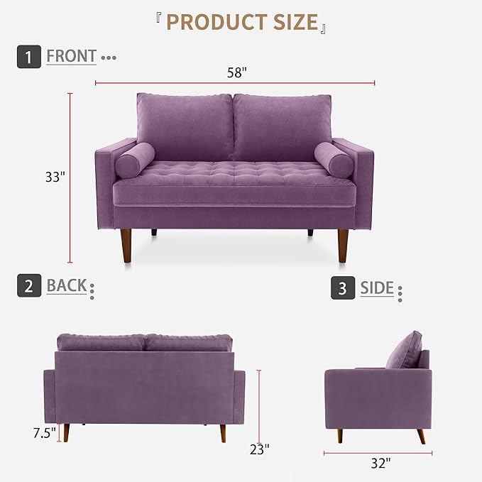 SILKIR Velvet Loveseat Sofa Love Seats Furniture for Small Spaces Mid-Century Modern Loveseats for Living Room Love Seat Couch 58 Inches Lavender
