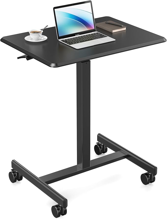 Sweetcrispy Small Mobile Rolling Standing Desk - Overbed Table Mobile Portable Rolling Laptop PC Table with Locking Wheels Adjustable Height Computer Workstation for Home Office 19 Inch Black