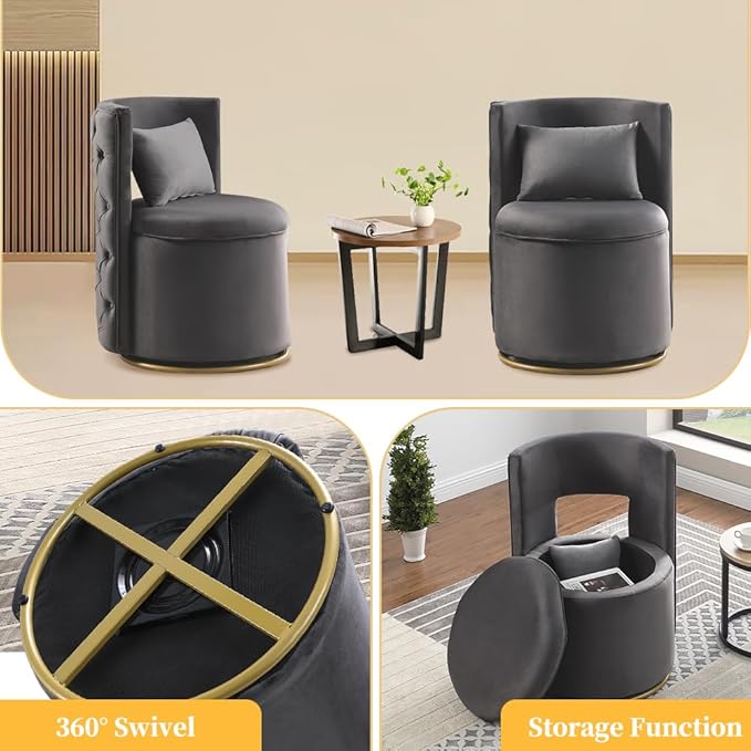 Swivel Accent ChairVelvet Round Storage Sofa Club Upholstered Barrel Modern Arm Chair for Nursery Living Room Hotel Bedroom Office Lounge Hotel Office (Gray)