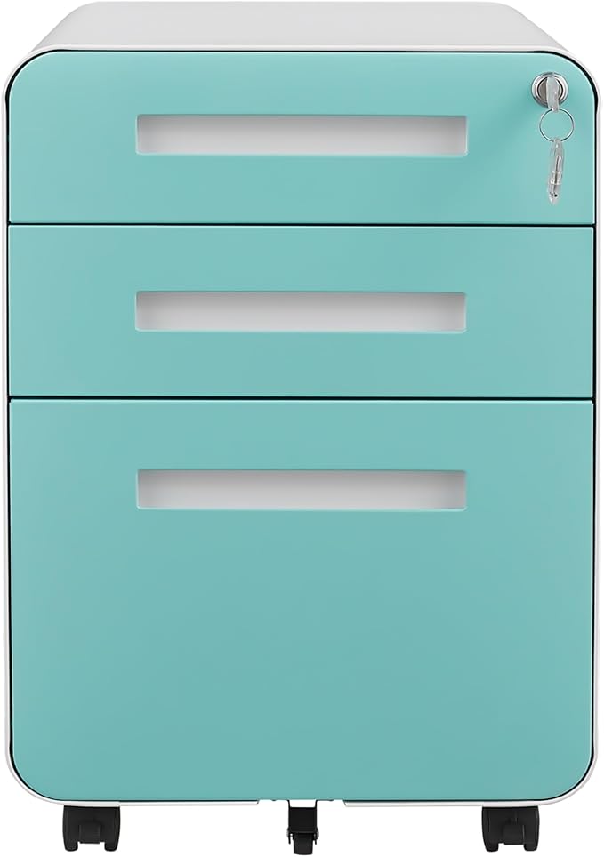 3 Drawer Metal File Cabinet with Lock Under Desk Mobile Filing Cabinet with 5 Wheels Anti-tilt Rolling Storage Organizer for Home Office Fits A4/Letter/Legal Standard Size Fully Assembled Blue