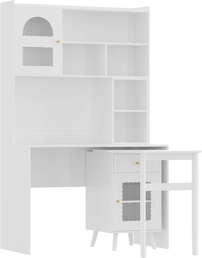 Bellemave Computer Desk with 90 Degree Rotating Desktop 43x70 Inch Home Office Desk with Drawer and Storage Cabinets Gaming Desk with Shelves Writing Desk for Study (White)