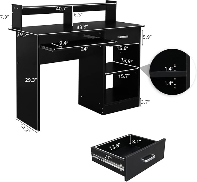 Zimtown MDF Computer Desk with Drawers Office Desk White Desk with Storage for PC Laptop Wood Home Office Desk with Keyboard Tray and Adjustable Shelf Black