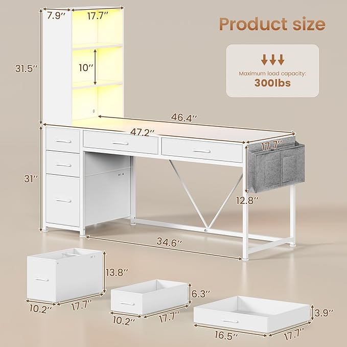 SEDETA Computer Desk with 5 Drawers and Bookshelf Reversible Home Office Desk with Storage Shelves and File Drawer Gaming Desk with LED Lights for Small Spaces White