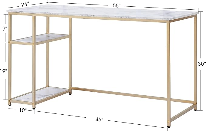 ivinta Computer Desk Home Office Desk with Storage Shelves for Living Room Bedroom Office Whale-ML55 (White and Gold 55)