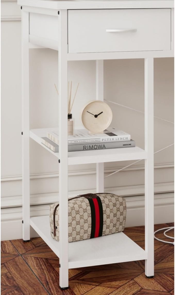 47 Computer Desk with Power OutletWriting DeskHome Office DeskVanity Table with 7 Fabric Drawers Large Side PocketWhite