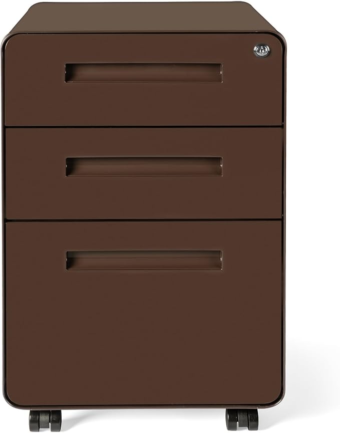 Laura Davidson Furniture Stockpile 3 Drawer File Cabinet with Lock - Under Office Desk Metal Filing Cabinet Legal/Letter File Folders Wheels and Stationary Feet Pre-Assembled Dark Brown