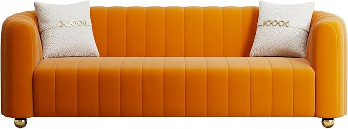Modern Orange Velvet Couch for Living Room 83.46 Curved Sofa with Gold Metal Sphere Legs 3 Seater Upholstered Cute Couch (Velvet Orange)