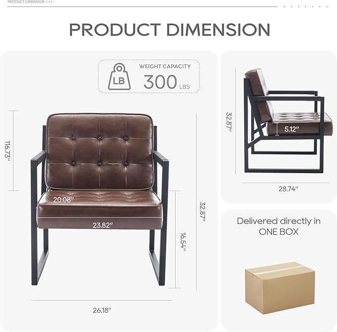 COLAMY Mid Century Modern Accent Chair Comfy Living Room Chairs Brown Leather Accent Chair Faux Leather Reception Armchair with Metal Legs for Living Room Bedroom Reception Waiting Room Brown