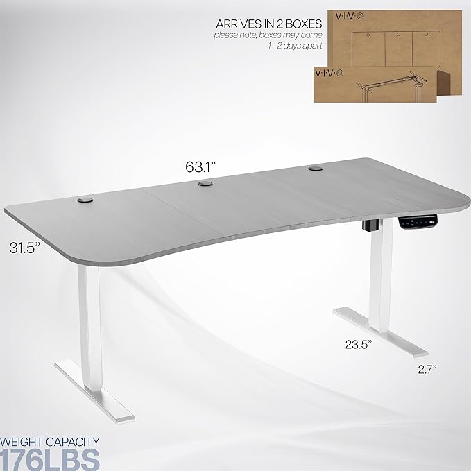 VIVO Electric 63 x 32 in Standing Desk Memory Height Adjustment 176 lb Frame Support 2E Series Dark Gray Top White Frame DESK-KIT-2EWG