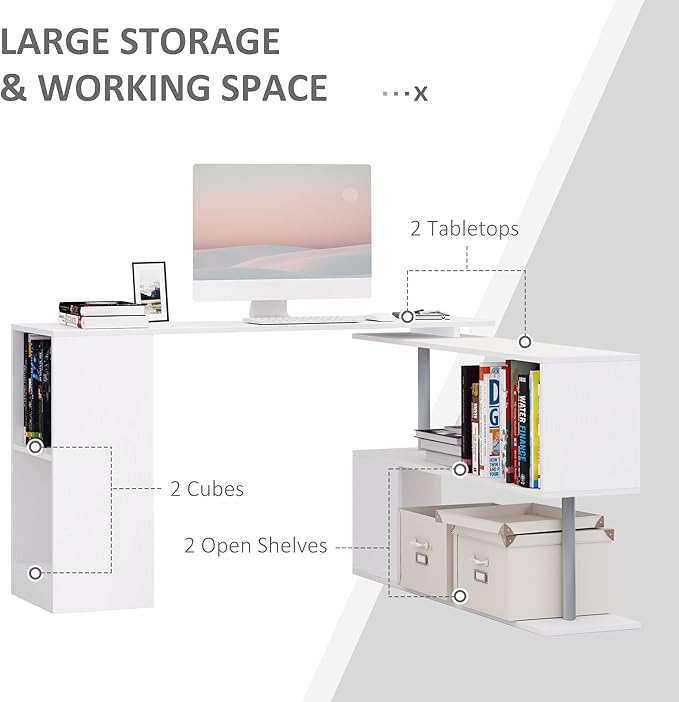 Office Desk L-Shaped 55 Computer Desk 360° Rotating Corner Desk Home Office Workstation with 3-Tier Storage Shelves for Study Workstation for Home Office (White)