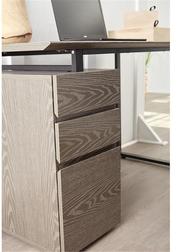 Pemberly Row 48 Reversible Home Office Desk Gray Wood Finish MDF and Steel Construction 3 Drawers with 1 File Cabinet Modern Design Compact Workspace for Home or Office Use