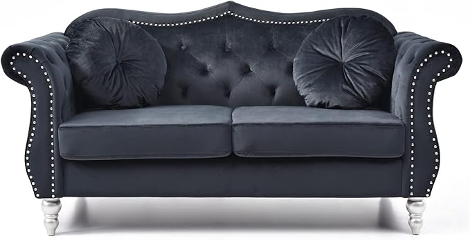 Velvet Loveseat 68 Wide Dark Gray - Hollywood Regency Style Sofa Black
