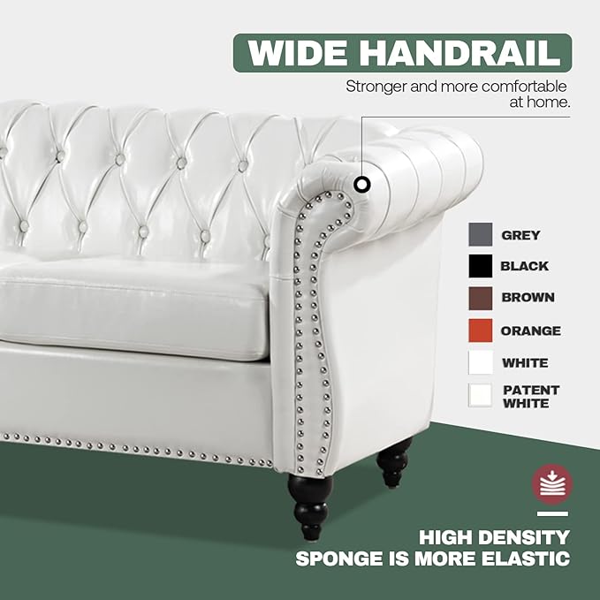 White Sofas for Living Room Faux Leather Chesterfield Sofa 84 Rolled Arm 3-Seater Couch Sofa with Button Nailhead Upholstered Sofa Furniture Easy to Assemble (White)
