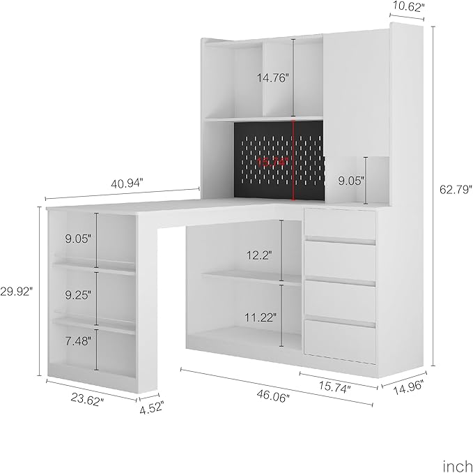 L Shaped Desk Computer Desk with Drawers Bookshelf Charger LED Light Modern Home Office Desk Study Table Writing Desk Corner Gaming Computer Table with Storage Assembly Required (White-C)