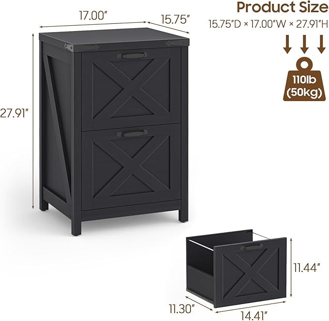 2 Drawer Small File Cabinet Farmhouse Vertical Filing Cabinet Fits Letter and A4 Size Under Desk Wooden File Cabinets for Home Office Printer Stand Black