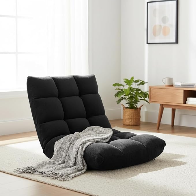 S AFSTAR Cushioned Floor Chair 14-Position Adjustable Padded Lazy Recliner with Comfortable Back Support and Skin-Friendly Cover Great for Reading Playing Game Meditating (Mysterious Black)
