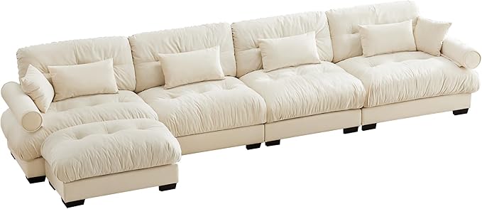 Velvet Modular Sectional Sofa4-Seater Cloud Couch with OttomanPillows and High Density Memory Foam for Living Room Home TheaterApartment（Beige）