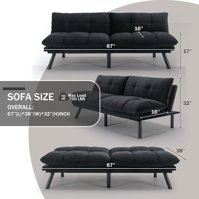 Convertible Futon Double Sofa Bed2 in 1 with Adjustable Backrest Memory Foam Loveseat for Living Room Bedroom Office Apartment Compact Sofa(Black)