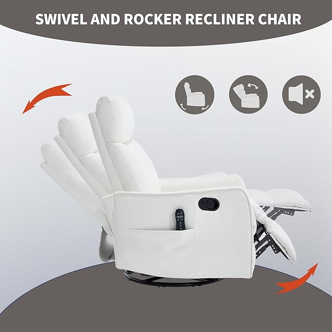 High Back Massage Recliner with Heat - Swivel Rocking Chair for Small Spaces Manual Lazy Boy Recliner for Adults Perfect for Living Room &amp Bedroom Soft Fabric (White)