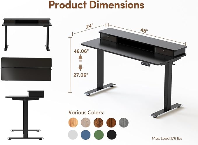 CubiCubi 48 x 24 Inch Electric Height Adjustable Standing Desk with Double Drawers 4 Adjustable Feet &amp 2 Hooks Home Office Computer Workstation Black