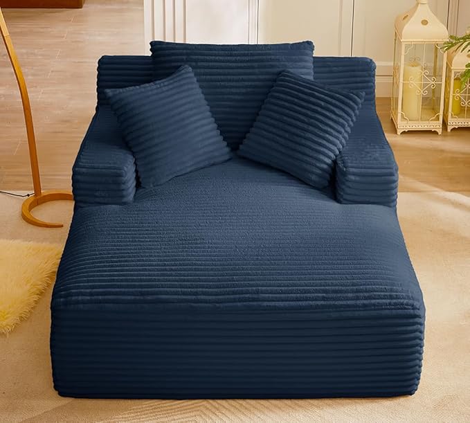 Oversized Chaise Lounge Chair Indoor Bedroom Comfy Corduroy Upholstered Sofa Bed Chair Deep Seat Single Sofa Couch No Assembly Required Sleeper Chair Couch for Living Room (Dark Blue)