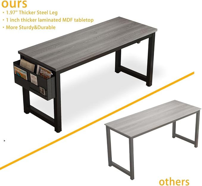 Large Computer Desk - 63 Inch Home Office Desks Study Student Writing Table Gaming Desk Wood Modern Simple Table with Storage Bag &amp Headphone Hooks Grey