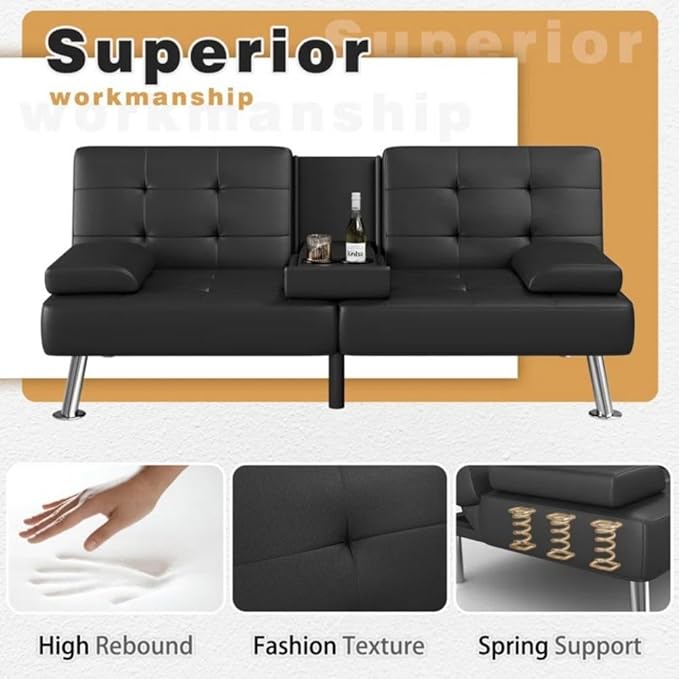GUNJI Multi-Functional Faux Leather Futon Sofa Bed with Removable Armrests and Adjustable Sleeper Function Double Cup Holder Design Suitable for Living Room