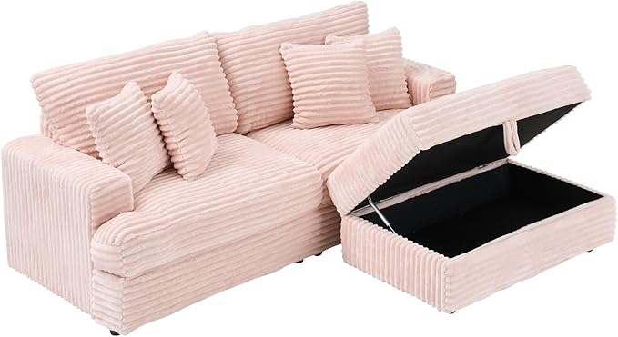 82 Inches Corduroy Square Arms Loveseat Sofa with One Storage Ottoman Comfy Deep Seat Modular Sectional Futon Couch with 4 Throw Pillows for Living Room Bedroom Office (Pink)