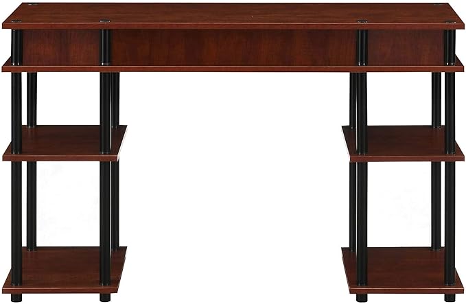 Pemberly Row No-Tools Student Desk Cherry Wood Finish 47.25 x 15.75 x 30 in Particleboard Shelves Black Powder-Coated Steel Poles Multiple Storage Shelves Easy Assembly Home Office or Dorm Desk