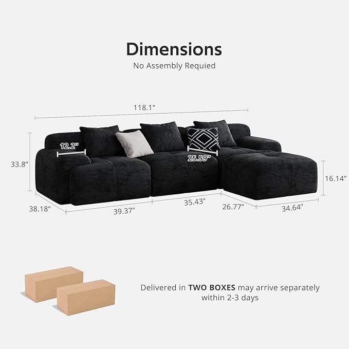 Modern L-Shaped Modular Sectional Sofa for Living RoomOversized 3-Seater Couch with Deep Seat and Movable Ottoman – No AssemblyComfortable Corduroy Fabric Boneless Sofa(Dark Gray) (Black)