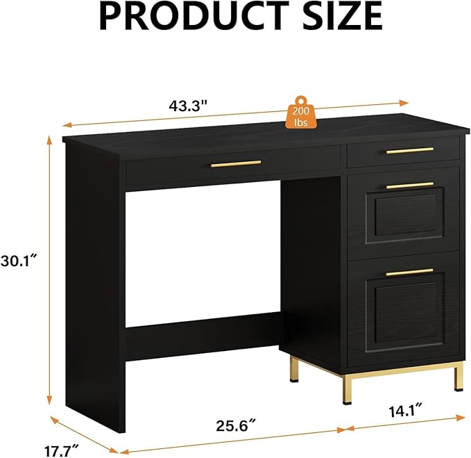 4 EVER WINNER Black Desk with Drawers Modern Home Office Desks with Golden Handles and Drawers Computer Table for Small Spaces Black and Gold Desk