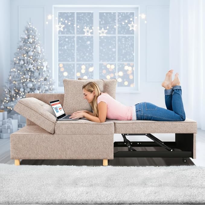 SEJOV 71 Convertible Couch Bed Brown Wood Loveseat Sofa Adjustable Couch Sleeper with Pull Out Bed Modern Linen Fabric Space-Saving Sofas for Living Room Apartment and OfficeLight Brown