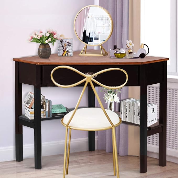 RELAX4LIFE Corner Computer Desk Triangle with Drawer and Shelves Stable Laptop PC Table Home Office Writing Desk Study Workstation Desk (Coffee)