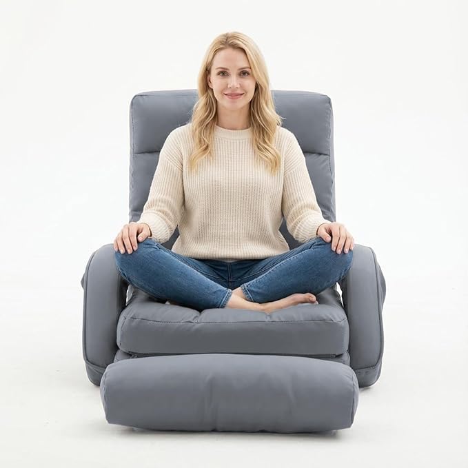 FLOGUOR 14-Position Adjustable Floor Chair Chaise Lounge Indoor Folding Lazy Sofa with Armrests and a Pillow Padded Adults Gaming Chairs for Living Room Bedroom Factory Price8803 (Grey（PU）)