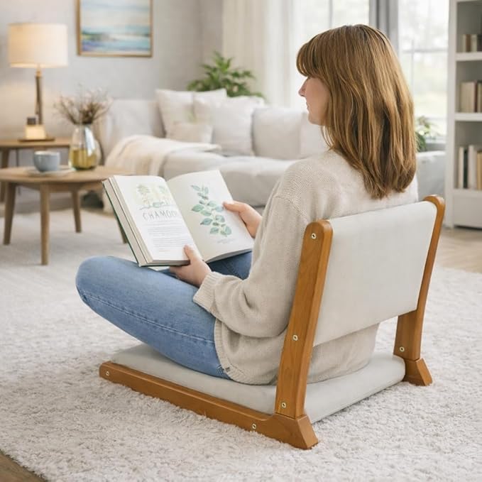 HollyHOME Floor Chair with Back Support Foldable Japanese Style Floor Chair Wood Legless Tatami Chair with Cushion Accent Meditation Floor Seat for Bay Window Living Room Bedroom Beige