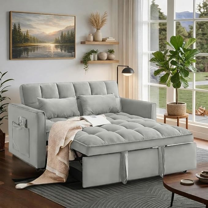 3 in 1 Sofa Bed Love Seat Sleeper Bed with Side Pockets Velvet Fabric Pull Out Couch with Adjustable Backrest for Living Room Bedroom ApartmentGray