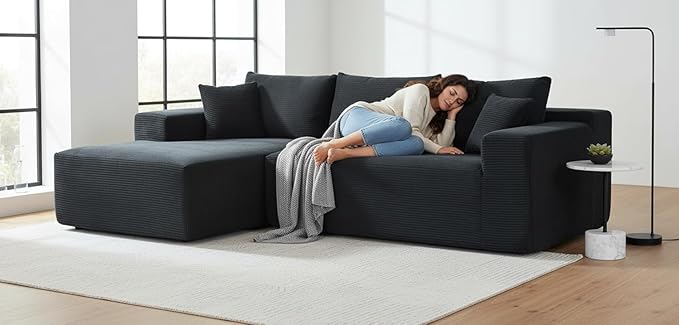 Ridge 2-Piece Convertible Corduroy L-Shaped Sofa in a Box with Pillows 3-Seater Modular Sectional Couch Compressed Living Room Furniture Black (Left Facing)