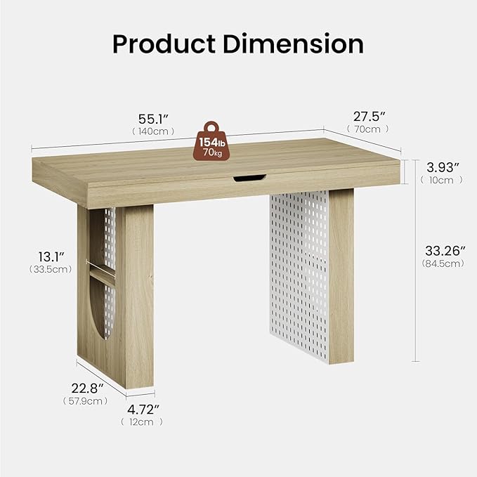 55 Computer Desk with Storage 2-in-1 Convertible Gaming &amp Dining Table One-Piece Executive Desk with Power Strip &amp Pegboard Soft-Close Gas Strut Workstation for Home and Office Light Wal
