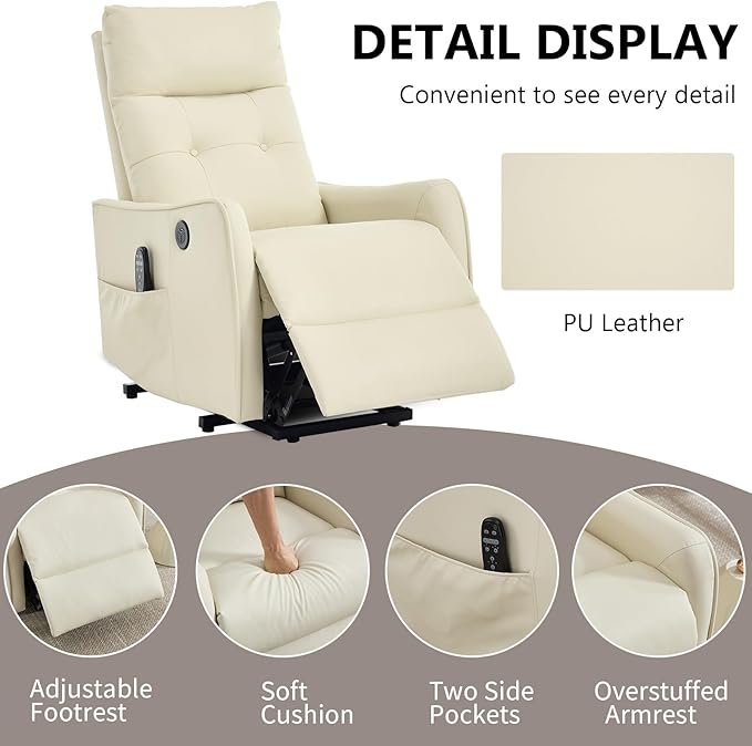 Small Power Lift Chair Recliner for Elderly Petite Power Recliner Chair with Massage and Heat | USB | High Back | Push Button | Side Pockets Liviing Room Easy Assembly (PU Leather Beige)