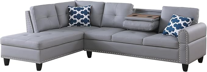 Ball &amp Cast 98 L Shaped Sectional Couch for Living Room4 Seat Faux Leather Upholstered Modular Sectional Sofa Set 2 PCS with ChaiseNailhead TrimCup HoldersCoffee Table and 2 Pillows for Home